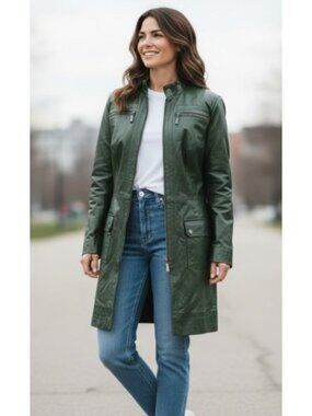 JESSICA LONDON Green Zip Front Leather Coat Ladies Size 14 with Leather Gloves